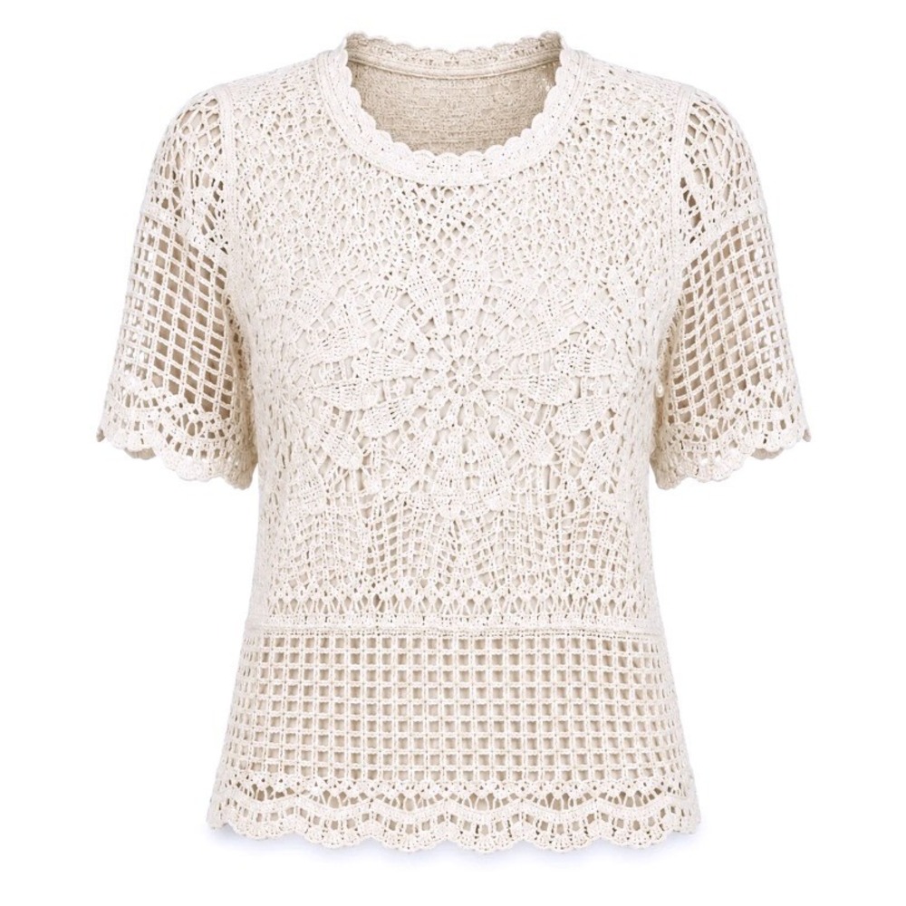 Design History Women Cream Crochet Short Sleeve Cotton Top Floral Boho Artisinal